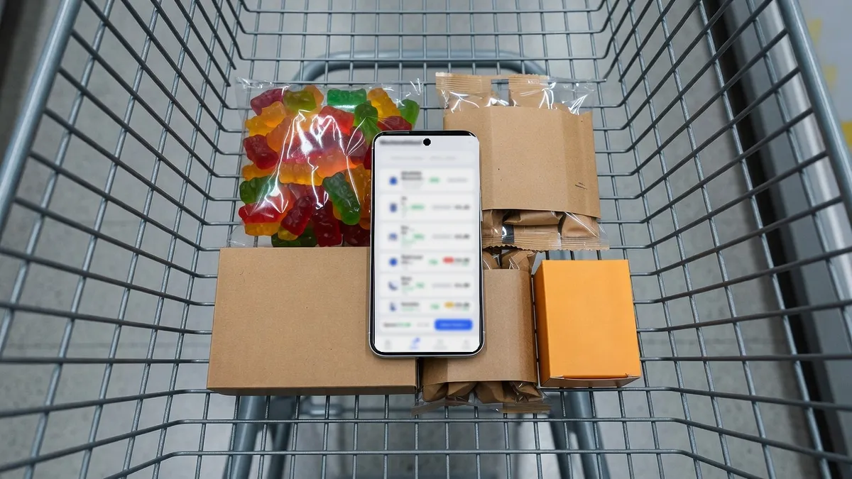 A phone with a shopping list lies in a shopping trolley next to packs of sweets; no readable brand.