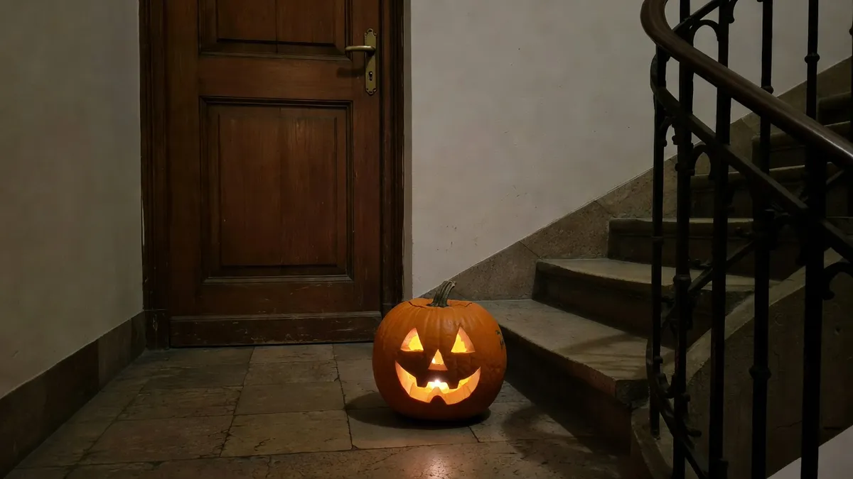 A carved pumpkin lit by a candle in front of a flat door in a stairwell on Halloween night.