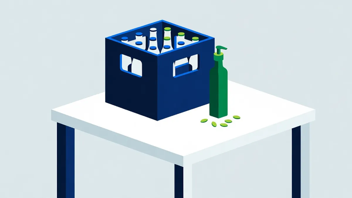 Illustration: eine dunkelblaue Bierkiste und eine Flasche Kürbiskernöl mit Kernen auf einem weißen Küchentisch.