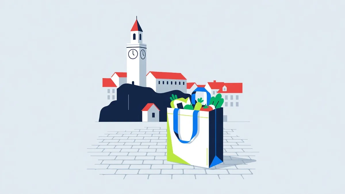 Illustration: der Grazer Uhrturm auf dem Schloßberg, davor eine volle Einkaufstasche auf dem Kopfsteinpflaster; keine Logos.